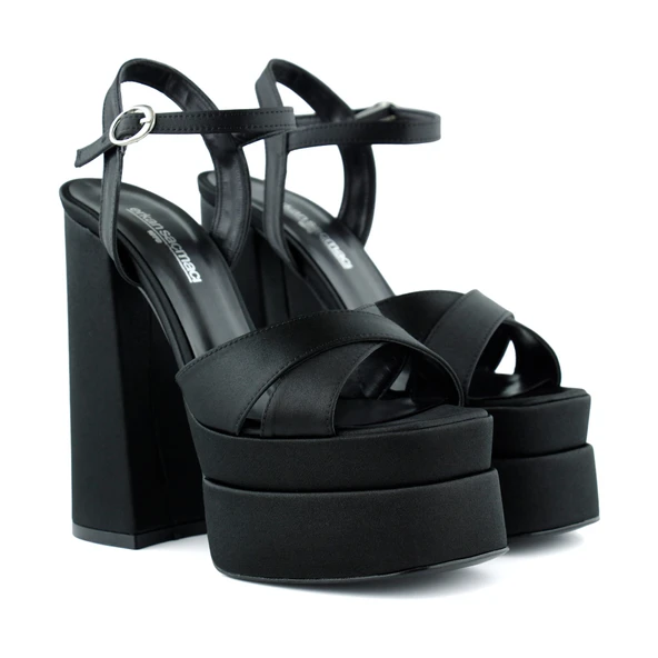 Erkan Saçmacı Whitney Siyah Saten Arkası Açık Çift Platformlu Bantlı Kalın Topuklu Abiye Ayakkabı - 3