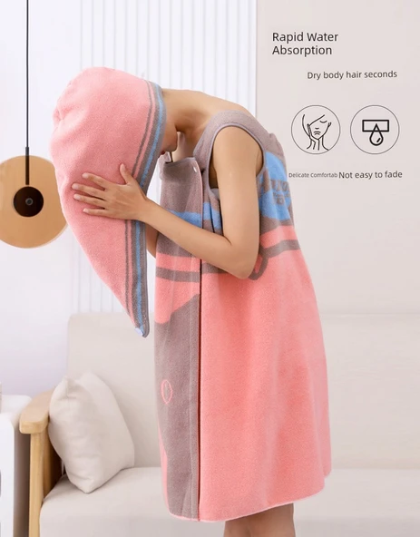 Pamuklu Giyilebilir Emici Banyo Eteği - Kırmızı Banyo Eteği + Saç Bonesi + Havlu 130*80cm (Orta) - 10