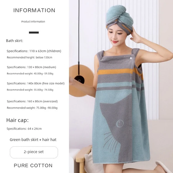 Pamuklu Giyilebilir Emici Banyo Eteği - Yeşil Banyo Eteği + Saç Bonesi 140*80cm (Serbest Boy)