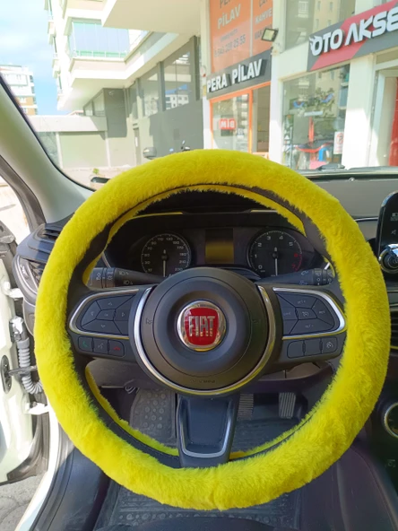 Yumuşak Tüylü Peluş Direksiyon Kılıfı Sarı - 2