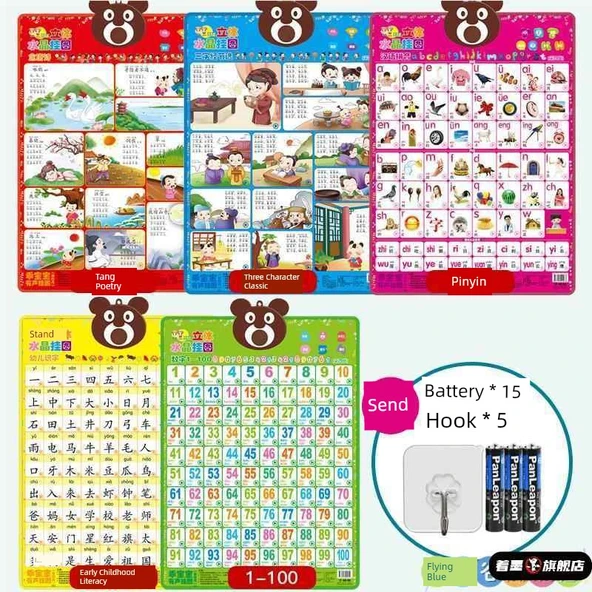 Eğitici Duvar Tablosu - Tang Şiirleri, Üç Karakter Klasiği, Pinyin, Bebek Okuryazarlığı, 1-100, Batarya ve Kancalı
