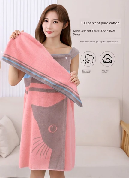 Pamuklu Giyilebilir Emici Banyo Eteği - Kırmızı Banyo Eteği + Saç Bonesi + Havlu 130*80cm (Orta) - 9