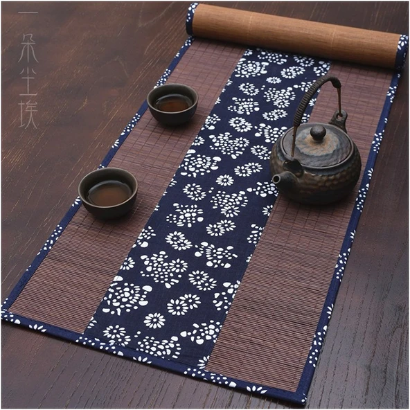 Bambu Çay Matı - Kahverengi Mavi Kumaşlı - 30x90 cm