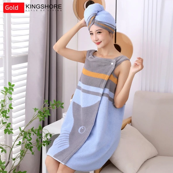 Pamuklu Giyilebilir Emici Banyo Eteği - Yeşil Banyo Eteği + Saç Bonesi + Havlu 130*80cm (Orta) - 2