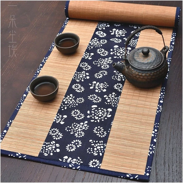 Bambu Çay Matı - Doğal Mavi Kumaşlı - 30x120 cm