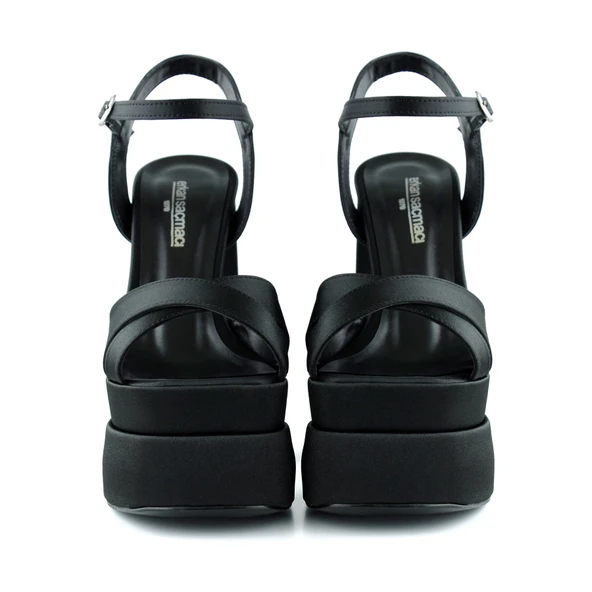 Erkan Saçmacı Whitney Siyah Saten Arkası Açık Çift Platformlu Bantlı Kalın Topuklu Abiye Ayakkabı - 4