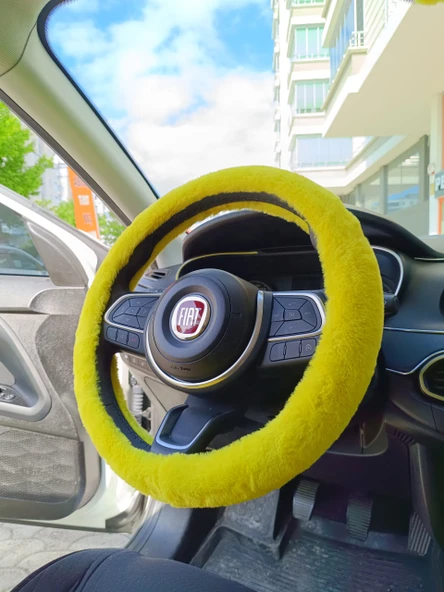 Yumuşak Tüylü Peluş Direksiyon Kılıfı Sarı - 4