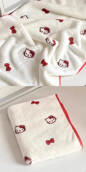 Hello Kitty Mercan Polar Havlu - Kilit Kenarlı KT Miyav Banyo Havlusu - 7