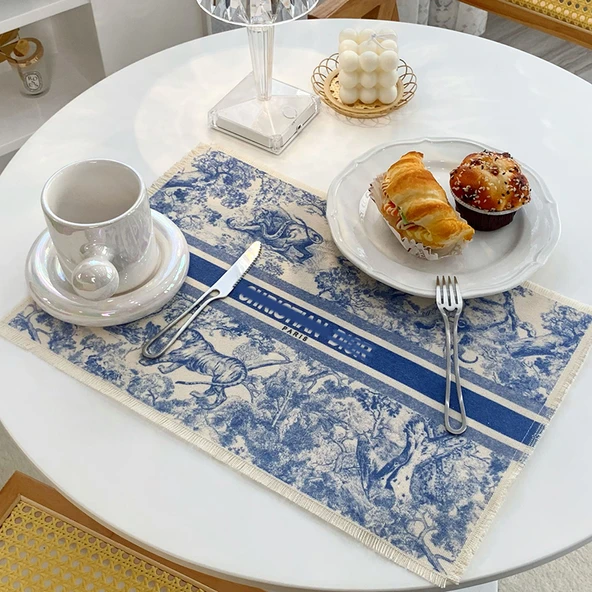 Pamuklu Keten Restoran Masa Örtüsü - Okyanus Mavi ve Beyaz D Home 43cmx29cm