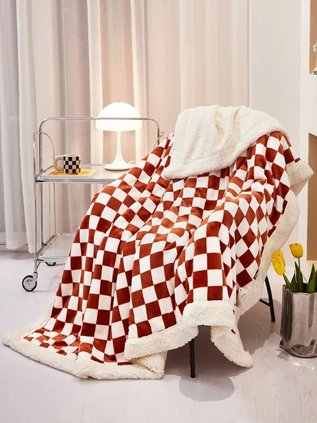 Satranç Tahtası Desenli Çift Katlı Kadife Battaniye - Kot Mavisi - 200x230cm - 6