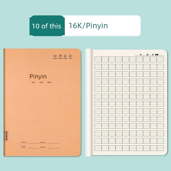 10 Adet 16K Suni Deri Dikişli Pinyin Çalışma Kitabı