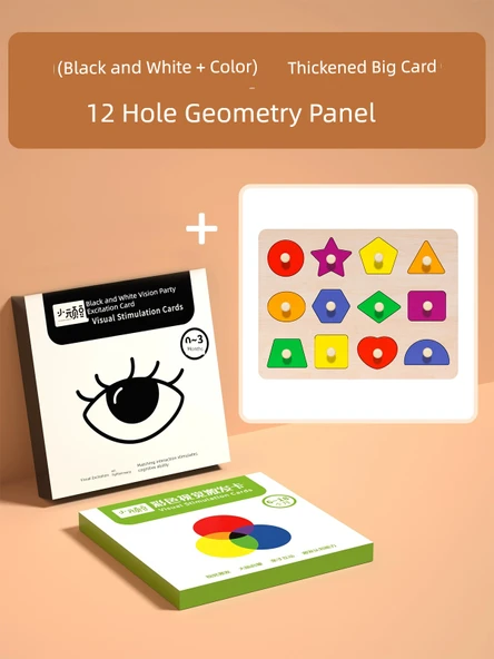 Bebekler İçin Görsel Uyarıcı Kartlar - Paket 2 (Siyah Beyaz + Renkli) Kart + 12 Delikli Geometri Paneli