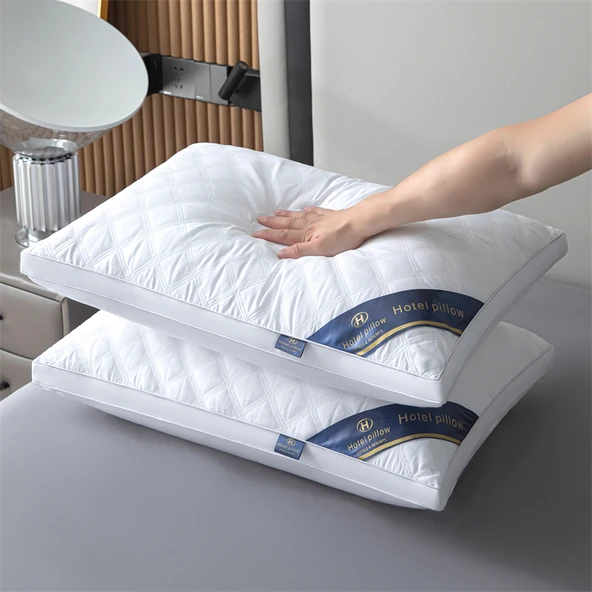 Otel Tipi Yastık + Yastık Kılıfı - Tek Taraflı Mavi Yüksek Yastık (2 Adet) - 3