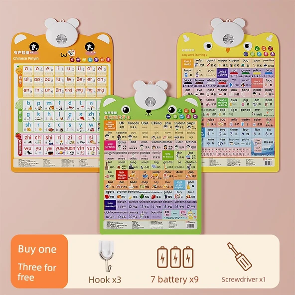 Çocuklar için Çince Pinyin Duvar Tablosu - Pinyin + Kelime 1 + Kelime 2
