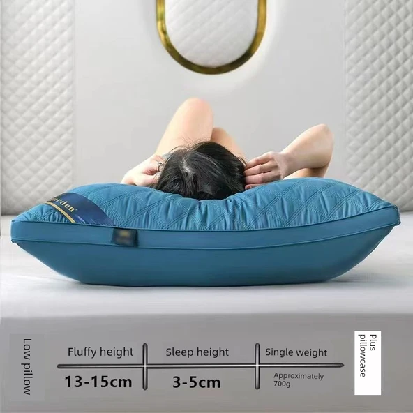 Otel Tipi Yastık + Yastık Kılıfı - Çift Taraflı Kapitone Mavi Alçak Yastık (2 Adet)