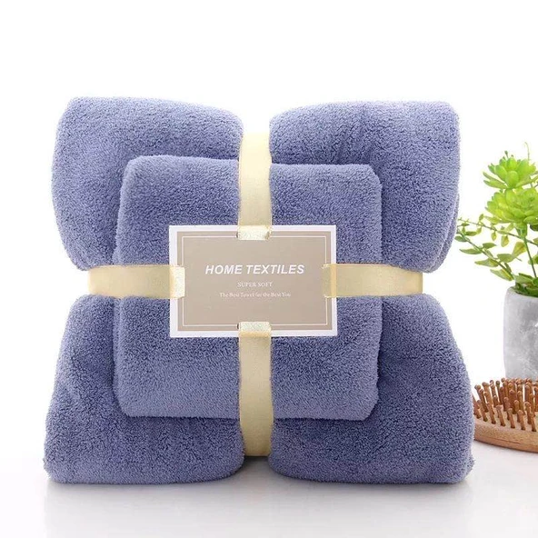 Kalınlaştırılmış Cam Göbeği Mavi Banyo Havlusu + Büyük Havlu Seti - 70x140cm