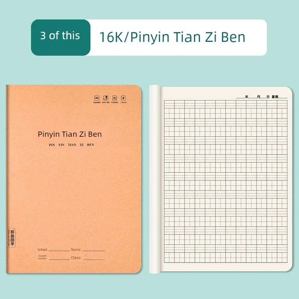 3 Adet 16K Suni Deri Dikişli Pinyin Tian Zi Çalışma Kitabı