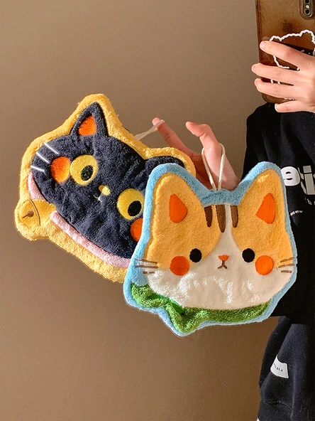 Sevimli Kedi Desenli Mercan Polar Mutfak Havlusu - Sarı Kedi - 25x19 cm - 6