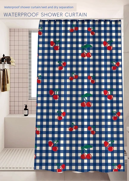 Retro Su Geçirmez Duş Perdesi - Kiraz Desenli Ekose - 180x200 cm - 7