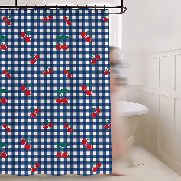 Retro Su Geçirmez Duş Perdesi - Kiraz Desenli Ekose - 180x200 cm - 3