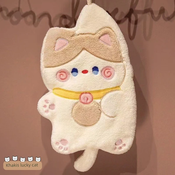 Şanslı Kedi Desenli El Havlusu - Haki - Çift Katmanlı - 33x1x28mm