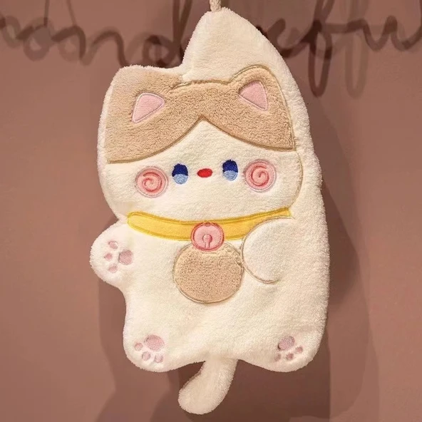 Şanslı Kedi Desenli El Havlusu - Haki - Çift Katmanlı - 33x1x28mm - 10
