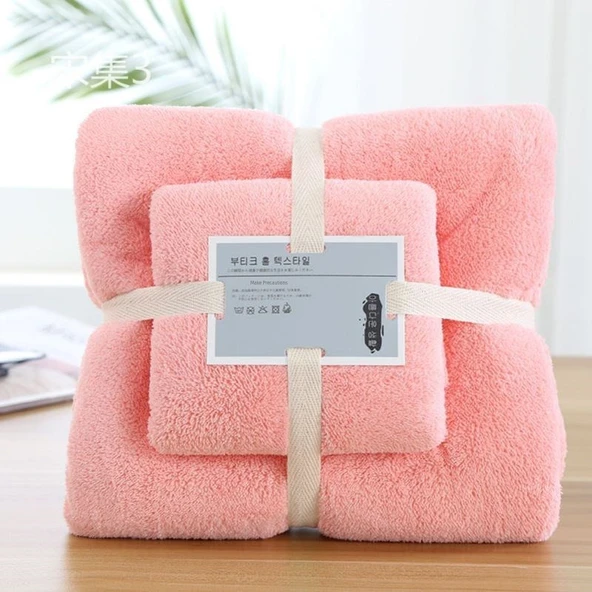 Mercan Polar Havlu Seti - Pembe 35x75 El Havlusu + 70x140 Banyo Havlusu