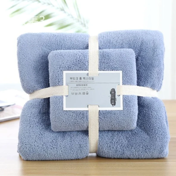 Mercan Polar Havlu Seti - Tuğla Mavi 35x75 El Havlusu + 70x140 Banyo Havlusu