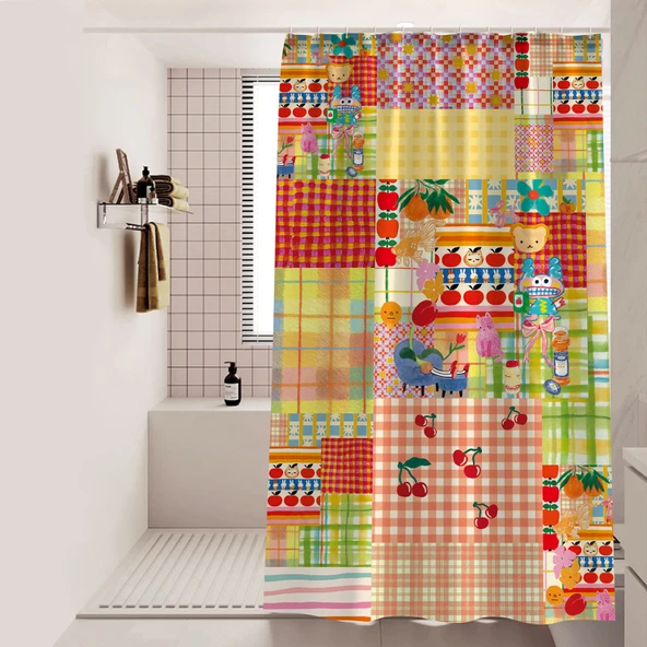 Retro Su Geçirmez Duş Perdesi - Kiraz Desenli Ekose - 100x180 cm - 2