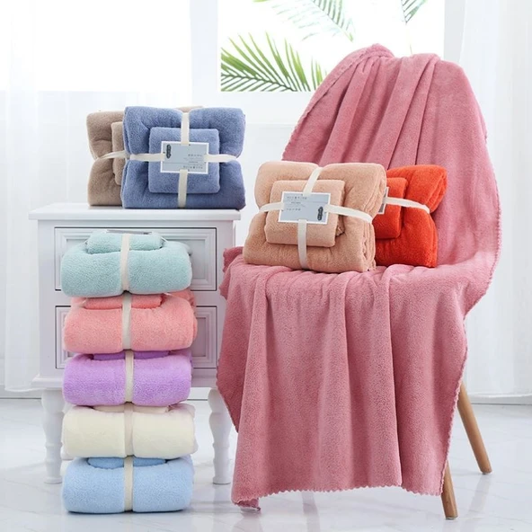 Mercan Polar Havlu Seti - Yeşil 35x75 El Havlusu + 70x140 Banyo Havlusu - 5