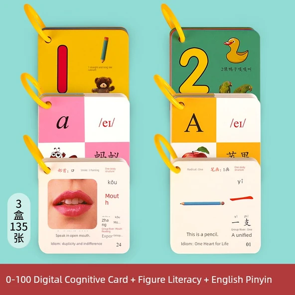 Bebek Sayı Kartları 1-100 - 3 Kutu 0-100 Dijital Kavrama + İngilizce Pinyin + Resimli Okuma Yazma