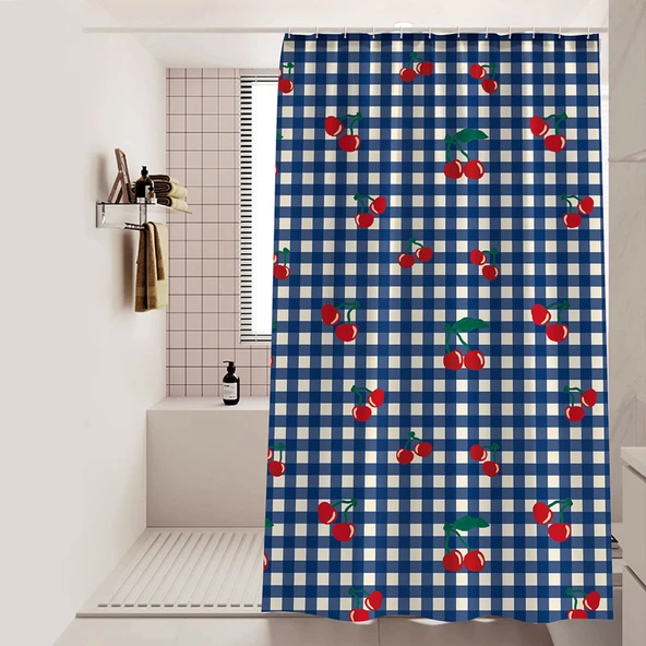 Retro Su Geçirmez Duş Perdesi ve Korniş - Kiraz Desenli Ekose - 180x200 cm