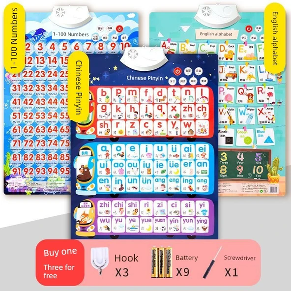 Sesli Çin Pinyin Alfabe Duvar Tablosu - Pinyin + Sayılar + Harfler (Üç Set)