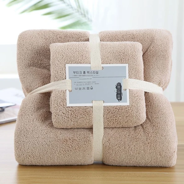 Mercan Polar Havlu Seti - Kahve 35x75 El Havlusu + 70x140 Banyo Havlusu