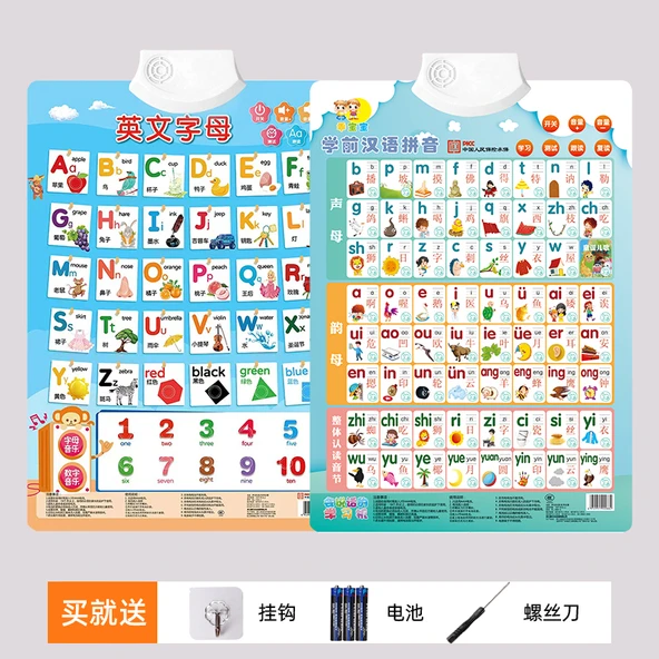 Çocuklar için İngilizce Alfabe Sesli Duvar Tablosu - İngilizce Harfler + Pinyin