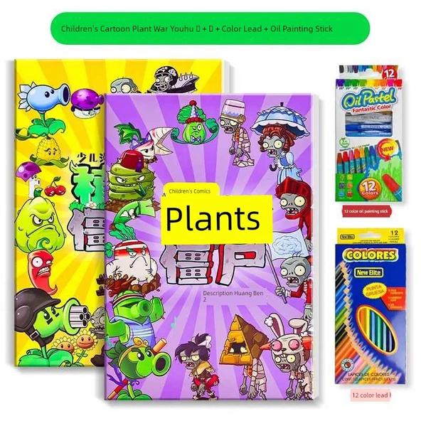 Plants vs Zombies Çocuk Çizim Kitabı - Çocuklar 1 + Çocuklar 2 Renkli ve Yağlı Boya Kalemli