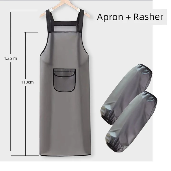 TPU Su Geçirmez Yağa Dayanıklı Kollu Önlük - 110cm, Cepli, Siyah Gri