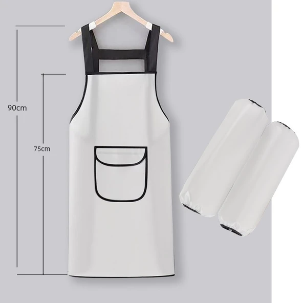 TPU Su Geçirmez Yağa Dayanıklı Kollu Önlük - 75cm, Cepli, Beyaz