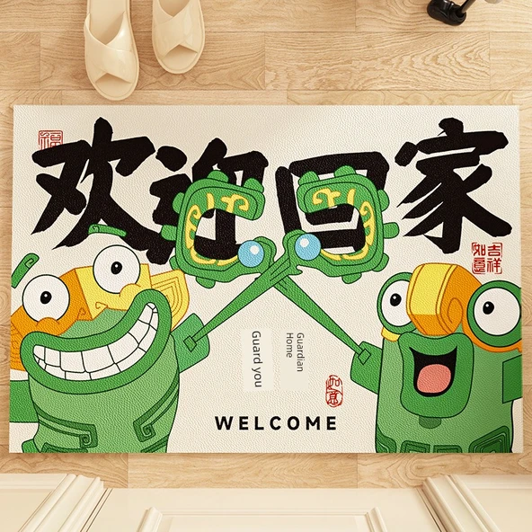Çizgi Film Desenli Yıkanabilir Deri Paspas - Welcome home 2 - 40x60cm