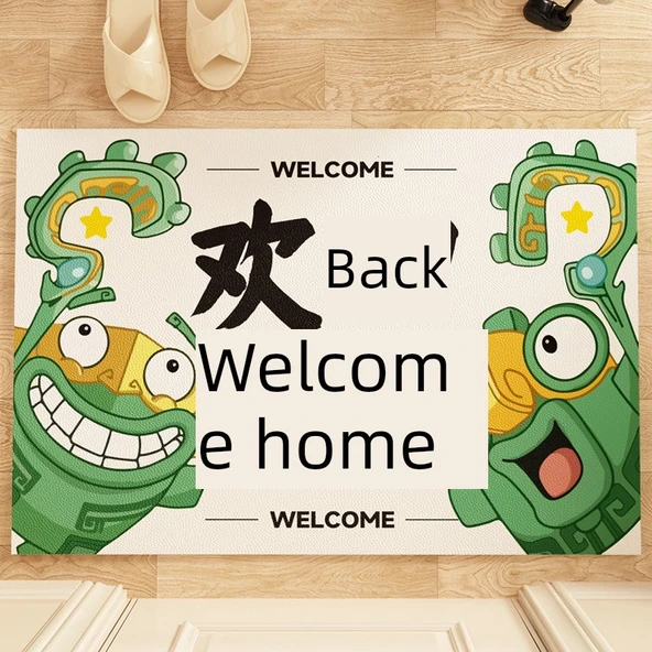 Çizgi Film Desenli Yıkanabilir Deri Paspas - Welcome home 1 - 50x80cm