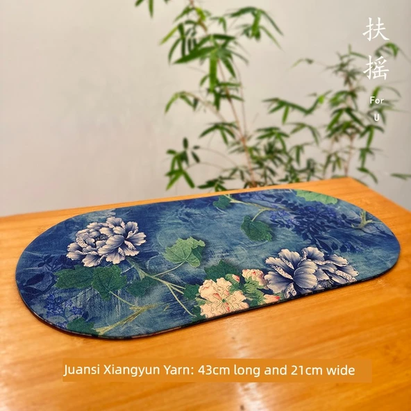 Çift Taraflı İpek Xiangyun İpliği Çay Matı - Geleneksel Şakayık Desenli - 43x21cm