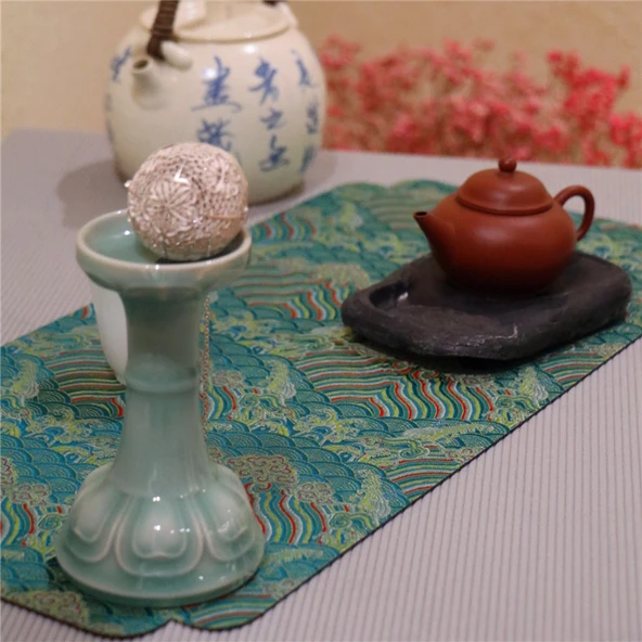 Su Geçirmez Zen Klasik Kumaş Çay Matı - Koyu Yeşil Küçük 23x50cm