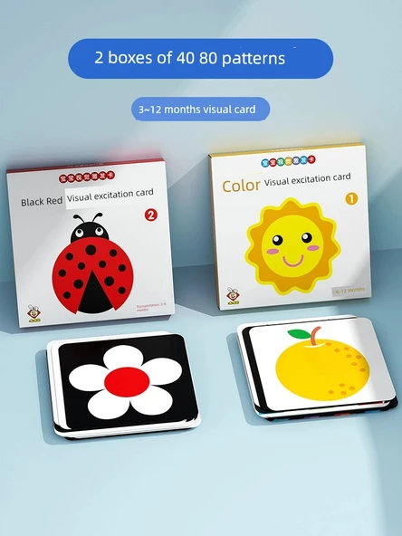 Bebekler İçin Görsel Uyarım Kartları - 2 Kutu Siyah Kırmızı Kart + Renkli Kart [3-12 Ay]