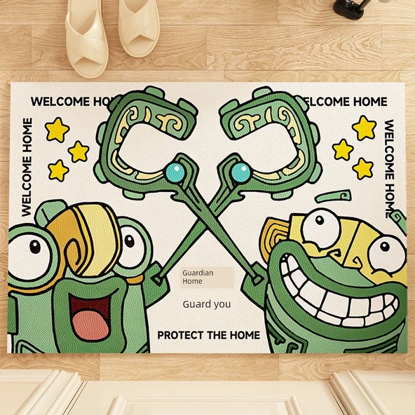 Çizgi Film Desenli Yıkanabilir Deri Paspas - Welcome home 3 - 120x160cm