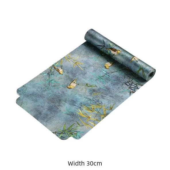 Çin Tarzı Su Geçirmez Brokar Çay Matı - Açık Mavi Bambu Kuş Desenli 30x150cm