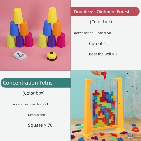 Çocuklar için Konsantrasyon Oyuncak Seti - Çift Bardak İstifleme + Tetris