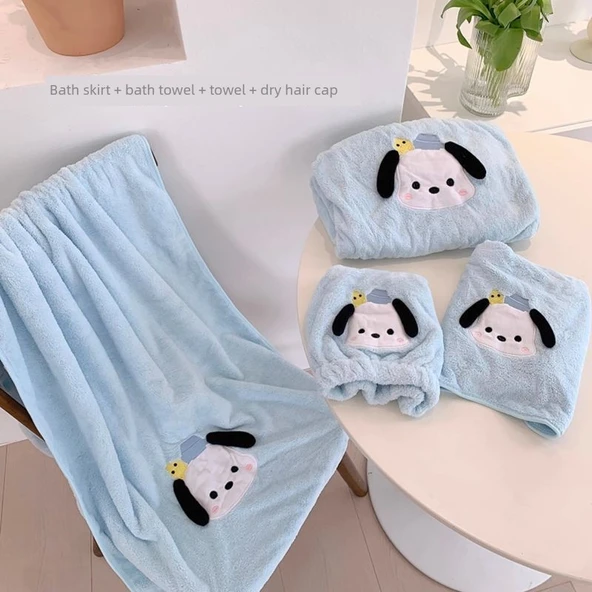 Çocuk Karikatür Mercan Polar Banyo Havlu Seti - Gökyüzü Mavisi Paşa Köpek (Havlu + Banyo Eteği + Saç Kurutma Bonesi)