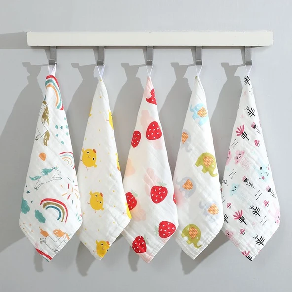 Çocuk Pamuklu Müslin Kare Mendil - 30x30cm - 5'li Paket - Rastgele Desenler