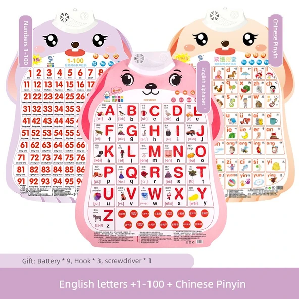 İngilizce Alfabe ve Pinyin Sesli Duvar Tablosu - Köpek Yavrusu İngilizce Harfler + Tavşan 1-100 + Pinyin