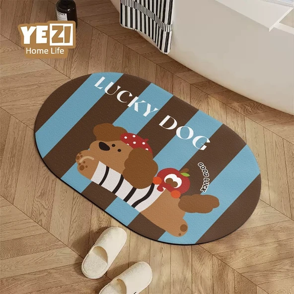 Dalga Noktalı Köpek Desenli Diatomit Banyo Paspası - 60x90cm - Renkli - 2